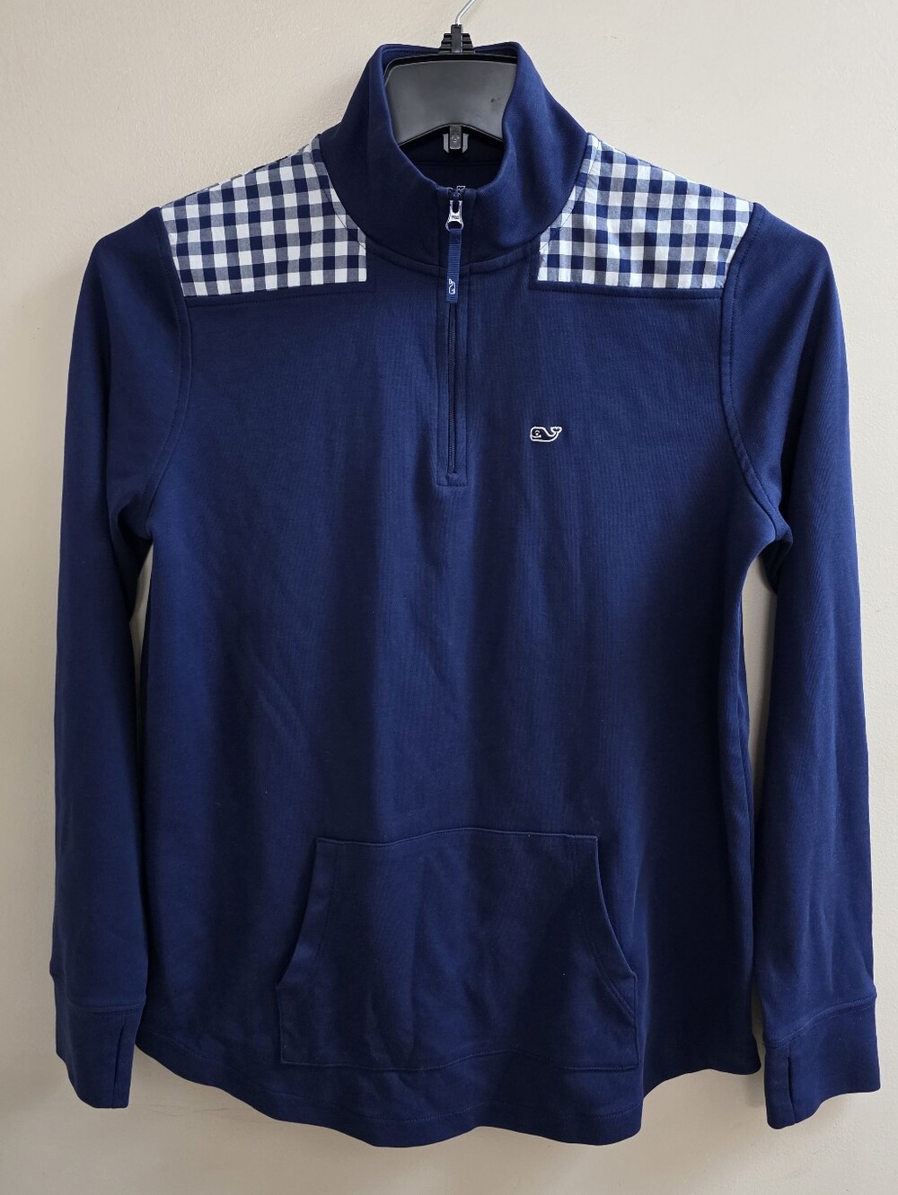 Vineyard Vines Half Zip Navy Gingham Top Small